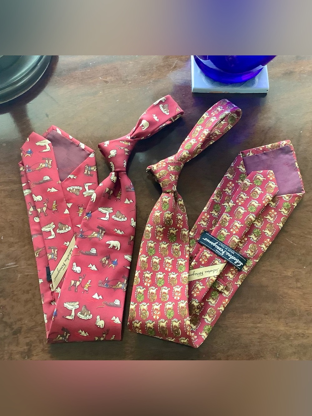 Salvatore Ferragamo Red Printed Italian Silk Neckties (Set of 2)